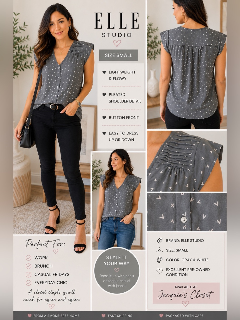 ELLE STUDIO Gray & White V-Neck Pleated Shoulder Blouse